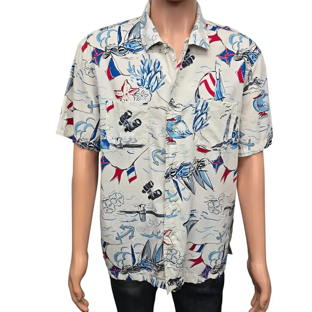 J. Crew camp-collar shirt Men XL Sailboat Nautical Print Short sleeve BH604